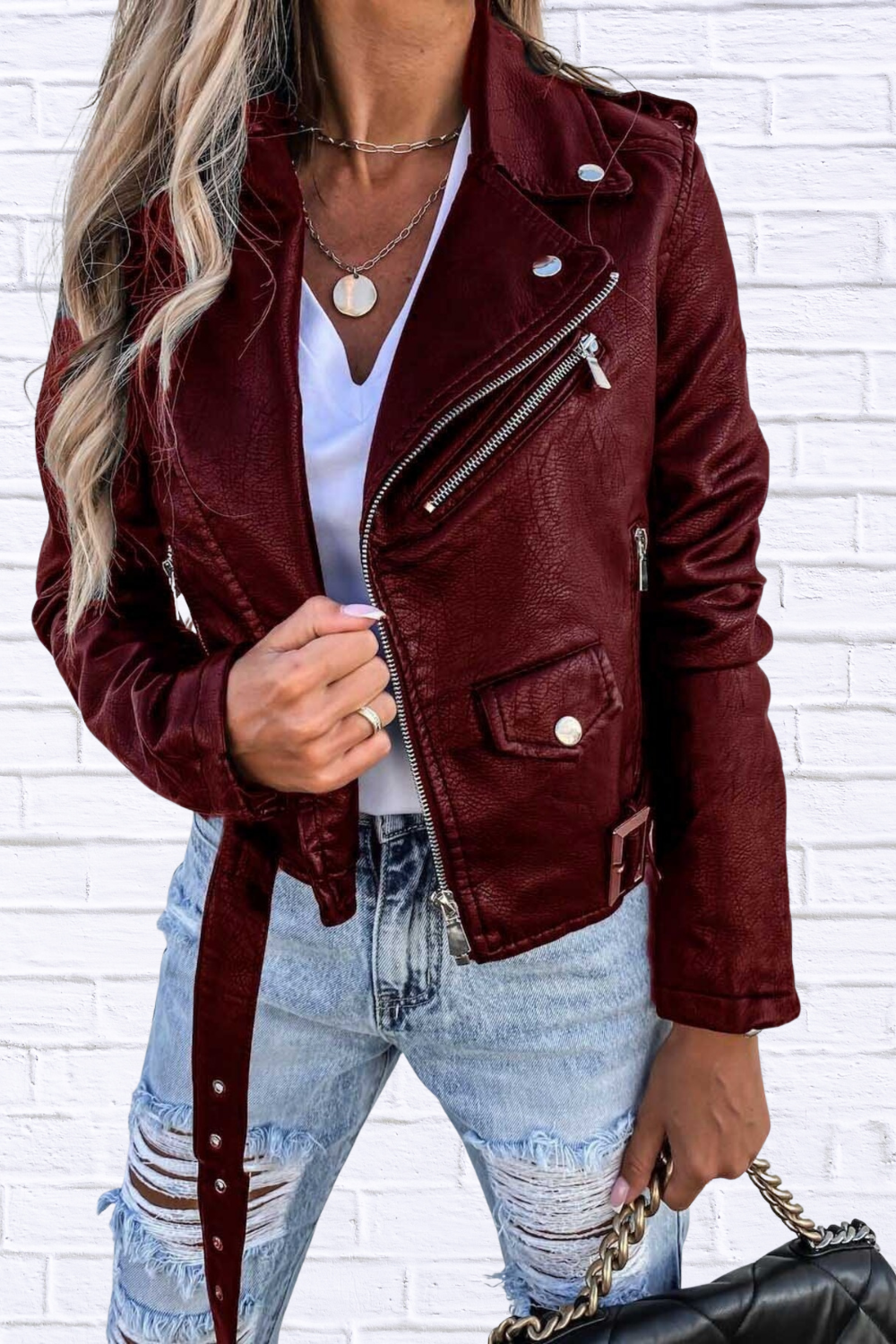 Full Size Zip Up Leather Motorcycle Biker Jacket Plus Size Burgundy