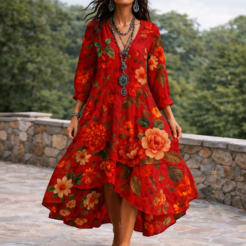 Chloe - Women's Boho Floral Dress with Layered Skirt
