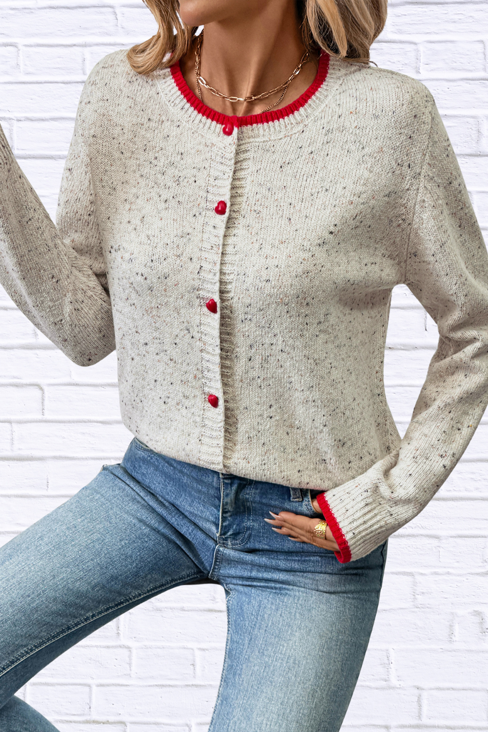 Contrast Trim Button Up Long Sleeve Cardigan Light Gray M