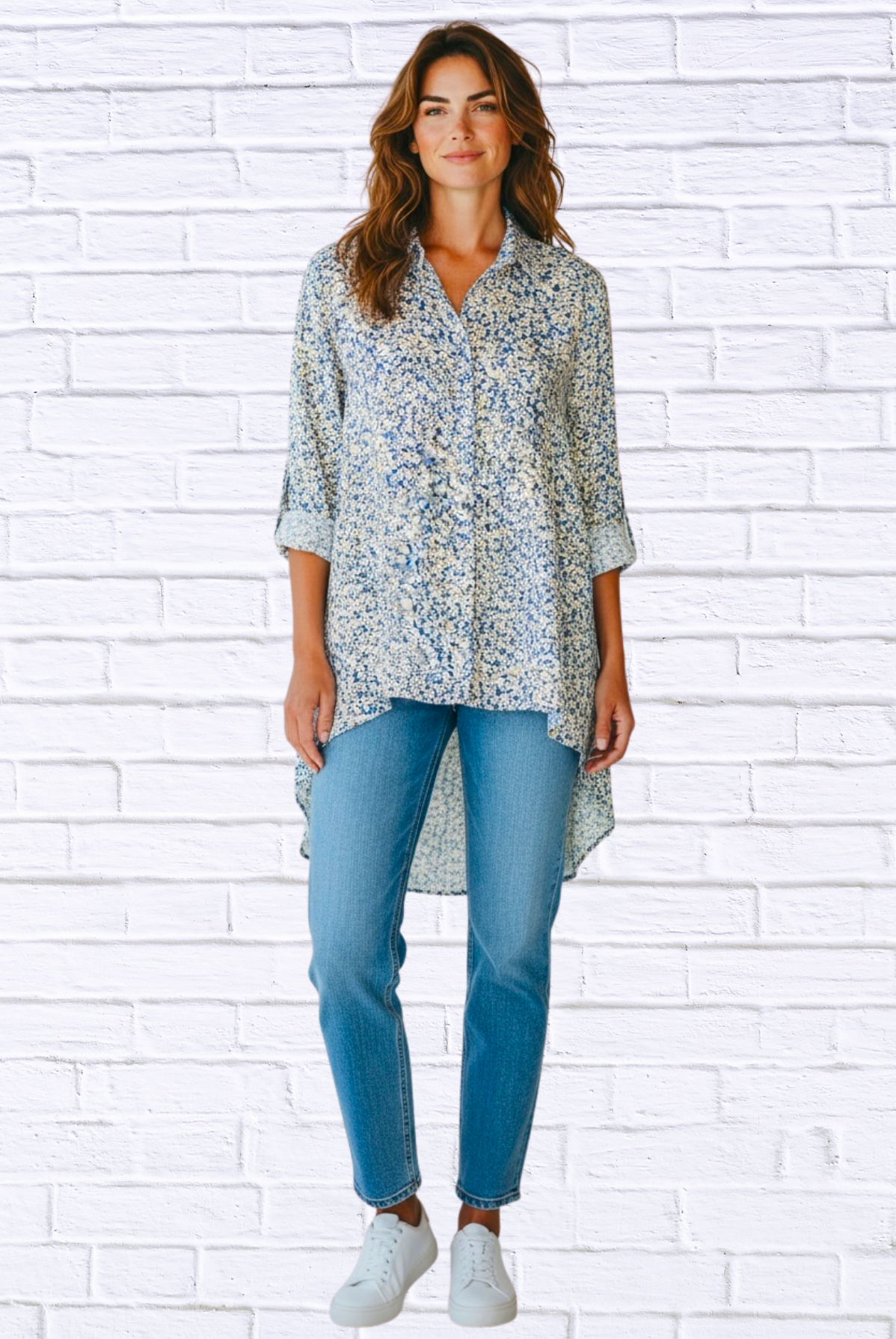 Soft Blue Floral Viscose High-Low Shirt – Button-Up Collared Long Sleeve Tunic Top dusty lavender with white flower