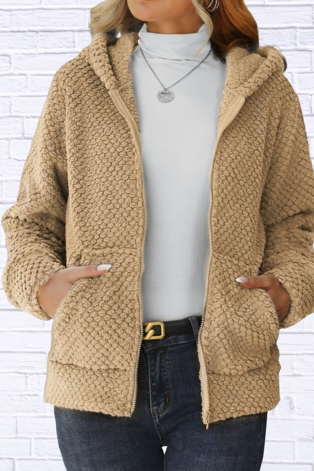 Textured Knit Zip-Up Hooded Outerwear Apricot