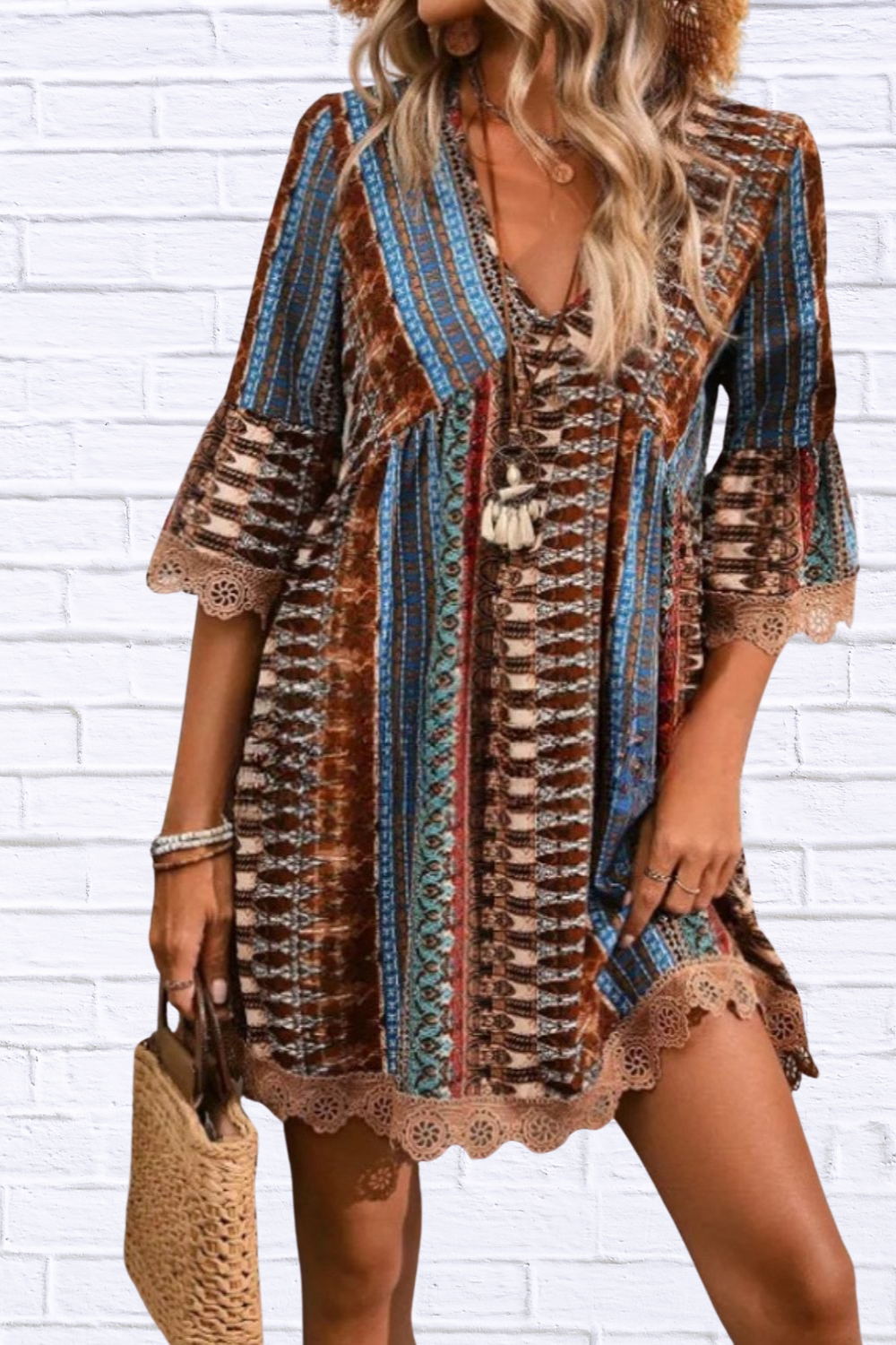Lace Trim Printed V-Neck 3/4 Sleeve Dress Brown