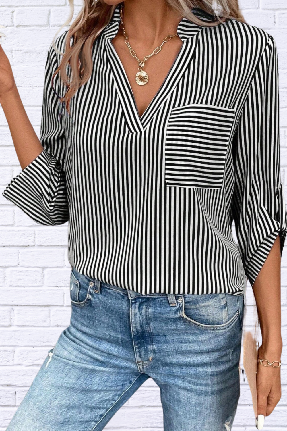 Striped Notched Roll-Tab Sleeve Shirt Black