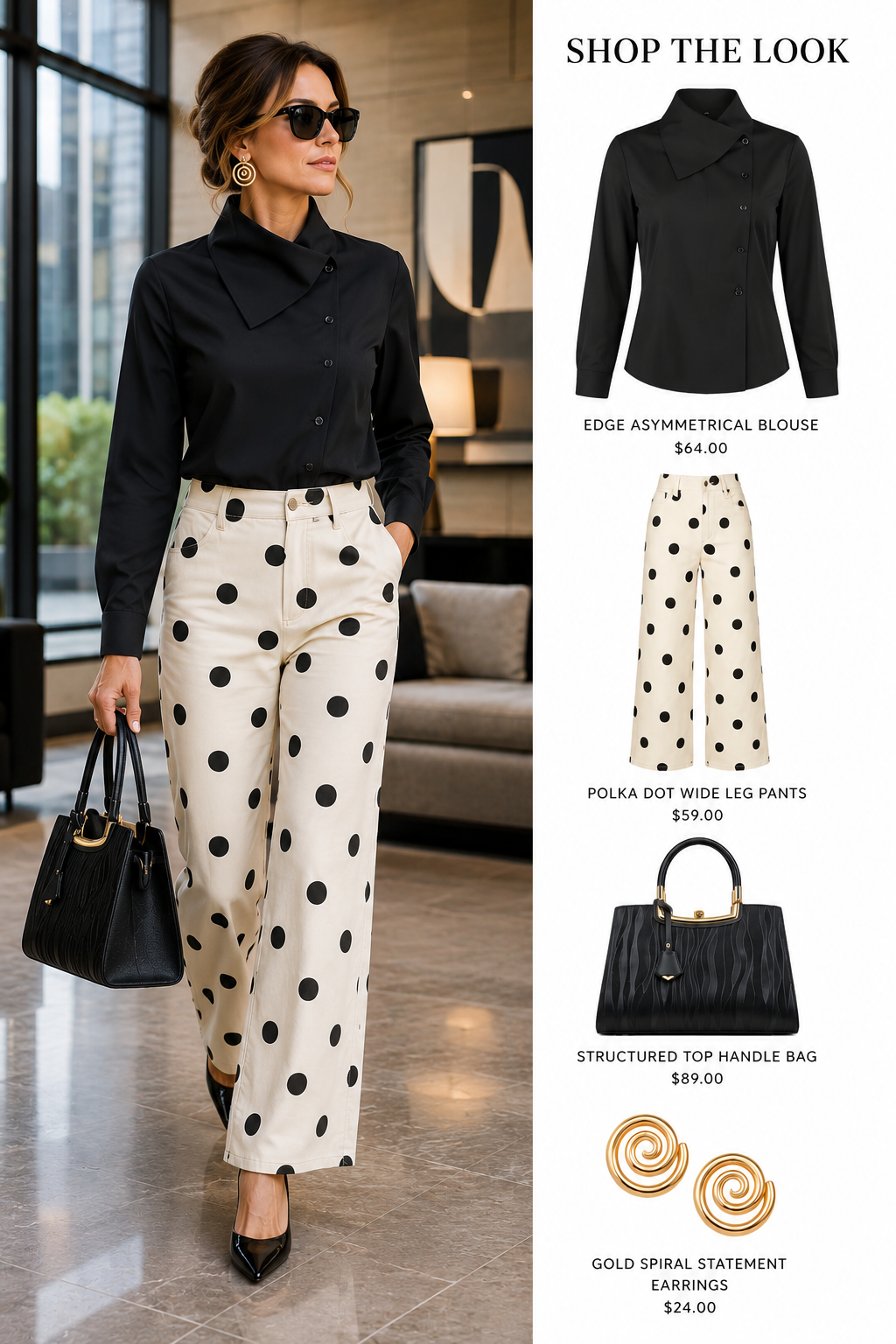 Black and White Polka Dot Wide Leg Pants with Front Pockets