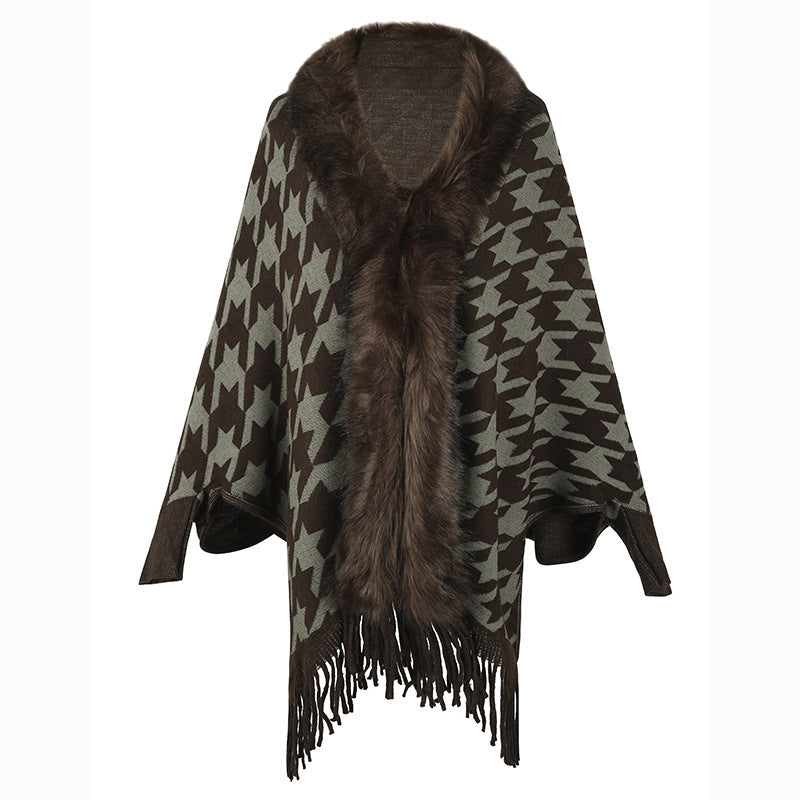Tassel Cloak Houndstooth Fur Collar One Size Brown