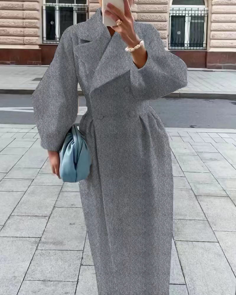 Clidress Vintage Lantern Sleeve Lapel Woolen Coat