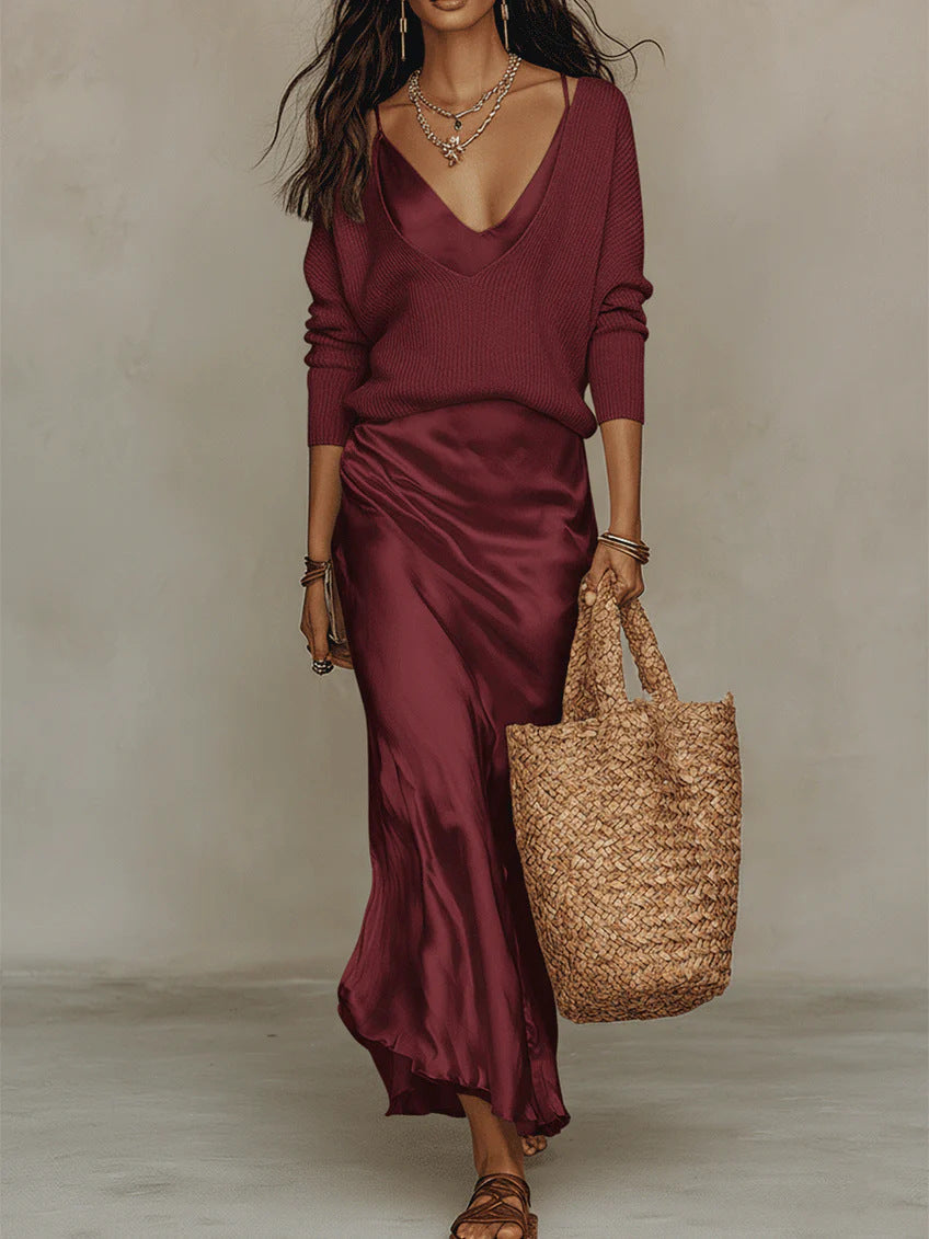 Clidress Knitting Top & Satin Dress 2 Pieces Set