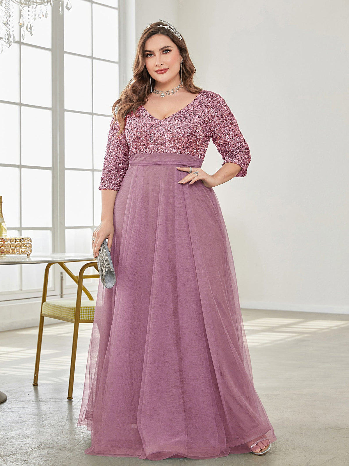 Plus Size V Neck Short Sleeve Sequined Tulle A line Evening Dress Party Dress Khaki