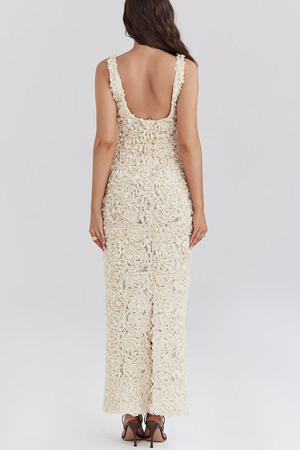 Clidress V Neck 3D Hollow Out Flower Maxi Dress