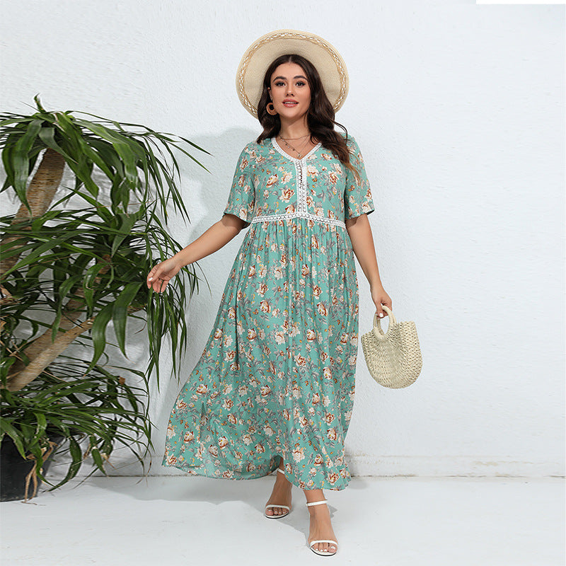Plus Size V neck Printed Dress Day to Night Mint