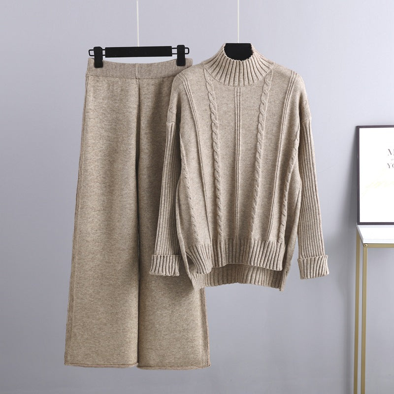 Mock Neck Cable Knitted Two Piece Set One Size Khaki