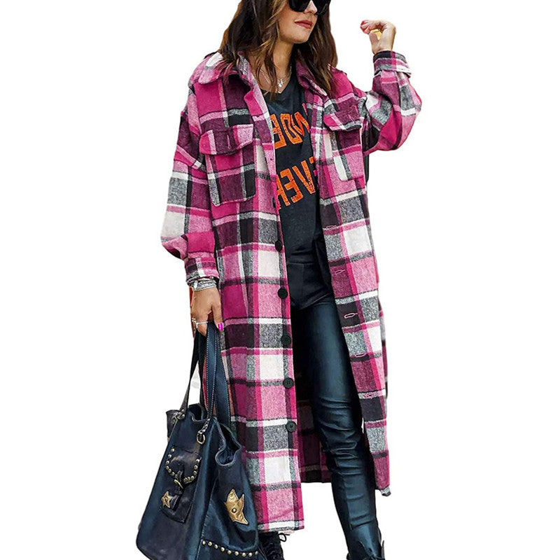 Plaid Woolen Slim Long Coat Coral Red