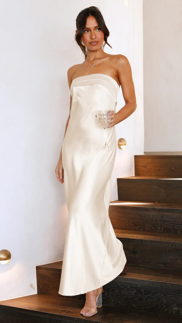 Satin Open Back Strapless Dress Apricot