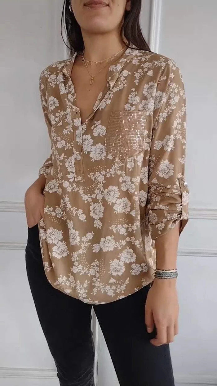 Spring Loose Casual Long Sleeves Printed Sequined Pocket Shirt Yellow