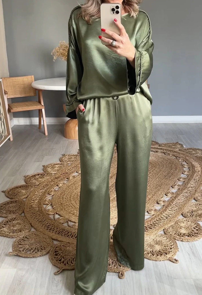 Versatile Satin Casual Long Sleeve Relax Fit Set Army Green