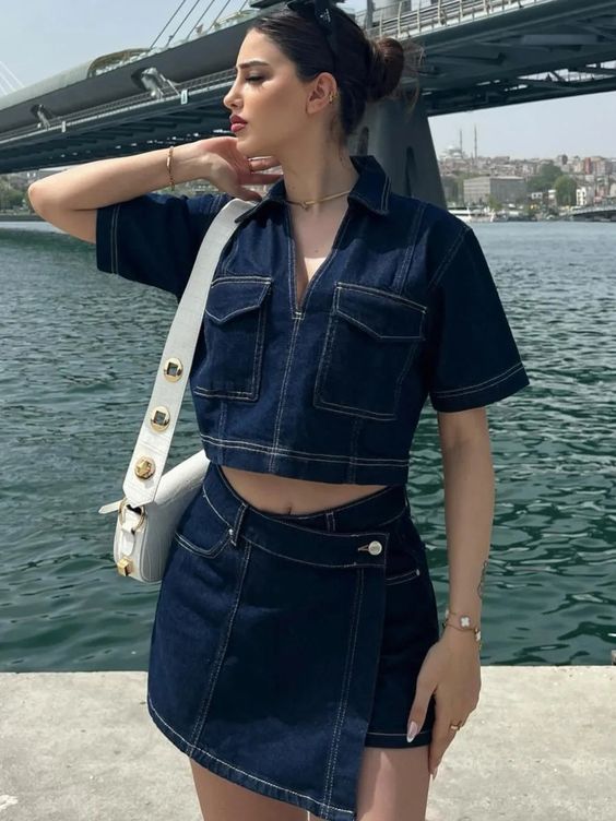 Denim V neck Short Sleeved Set Navy Blue