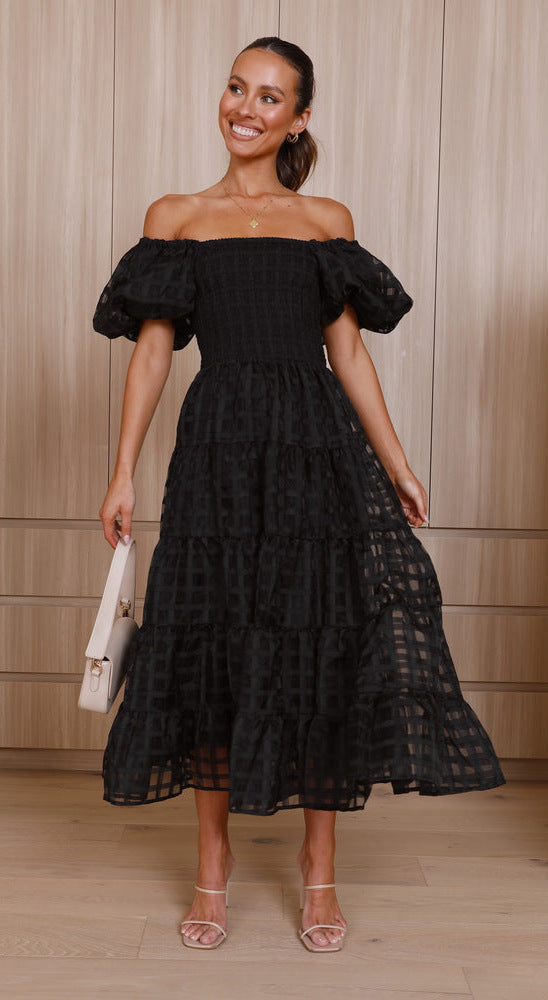 Off Shoulder Lantern Sleeve Layered Dress Black