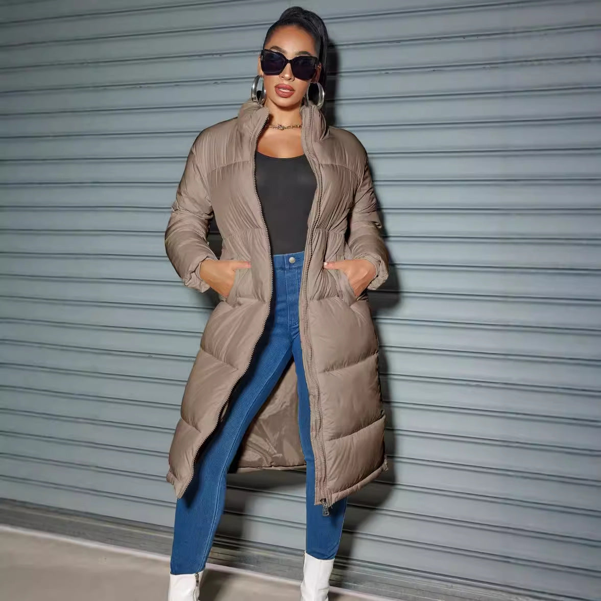 Solid Zipped Long Cotton Jacket Coffee