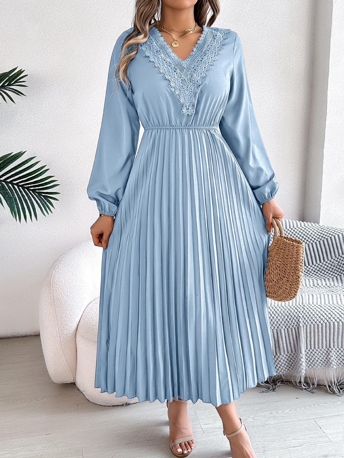 Elegant V neck Lace Pleated Versatile Dress Light Blue