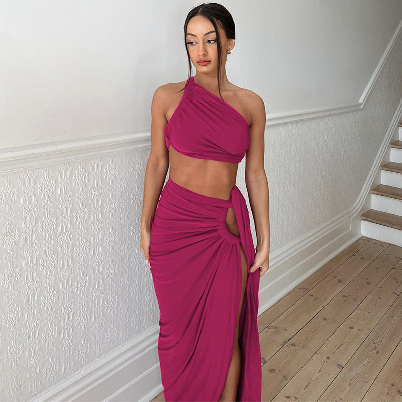 Women Clothing Autumn Sexy Backless Tube Top Top Slim Fit Slit Skirt Set Coral Red