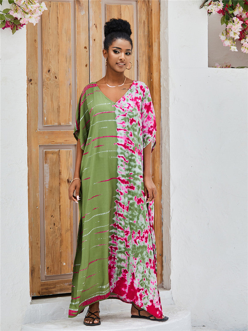 Brenda Day to Night Kaftan One Size Army Green Rose Red