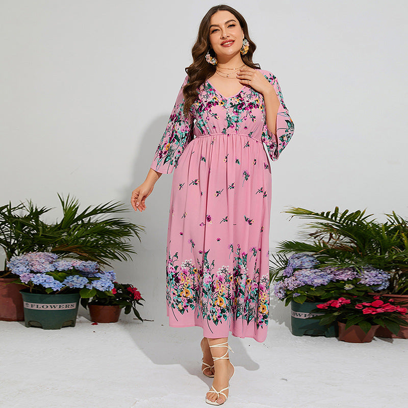 Floral Chiffon Flare Sleeve Day Dress Pink