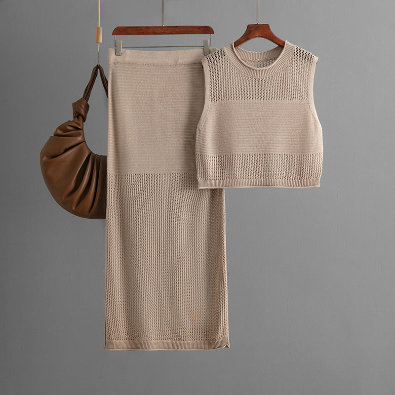 Slim Hollow Out Cutout Sleeveless Vest Summer Knitted Slit Skirt Two Piece Set One Size Khaki
