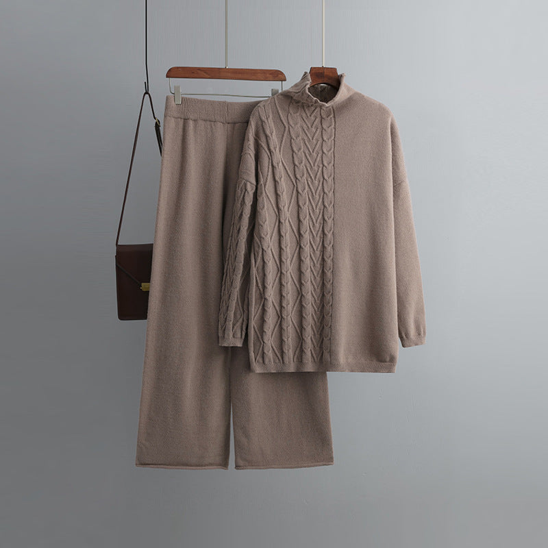 Comfortable Two-Piece Sweater Set One Size Flower Coffee