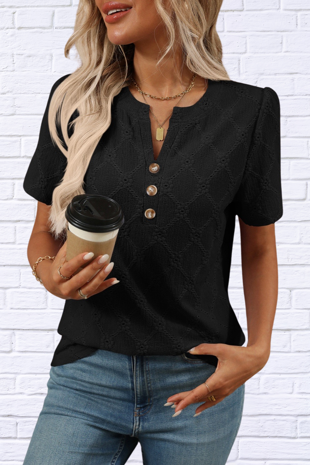 Eyelet Notched Short Sleeve Top Black