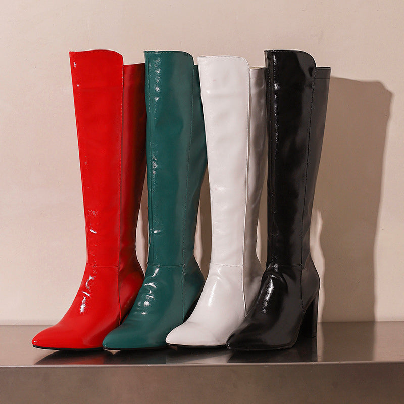 Women’s Faux Leather Knee Boots with High Block Heels