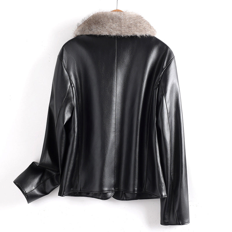 Women’s Fur Collared Leather Jacket with Patch Pockets