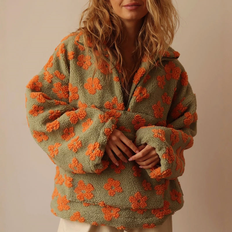 Women’s Half-Zip Fleece Sweatshirt with Floral Pattern