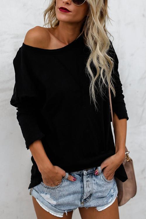 Solid Long Sleeves Cozy T-shirt Black