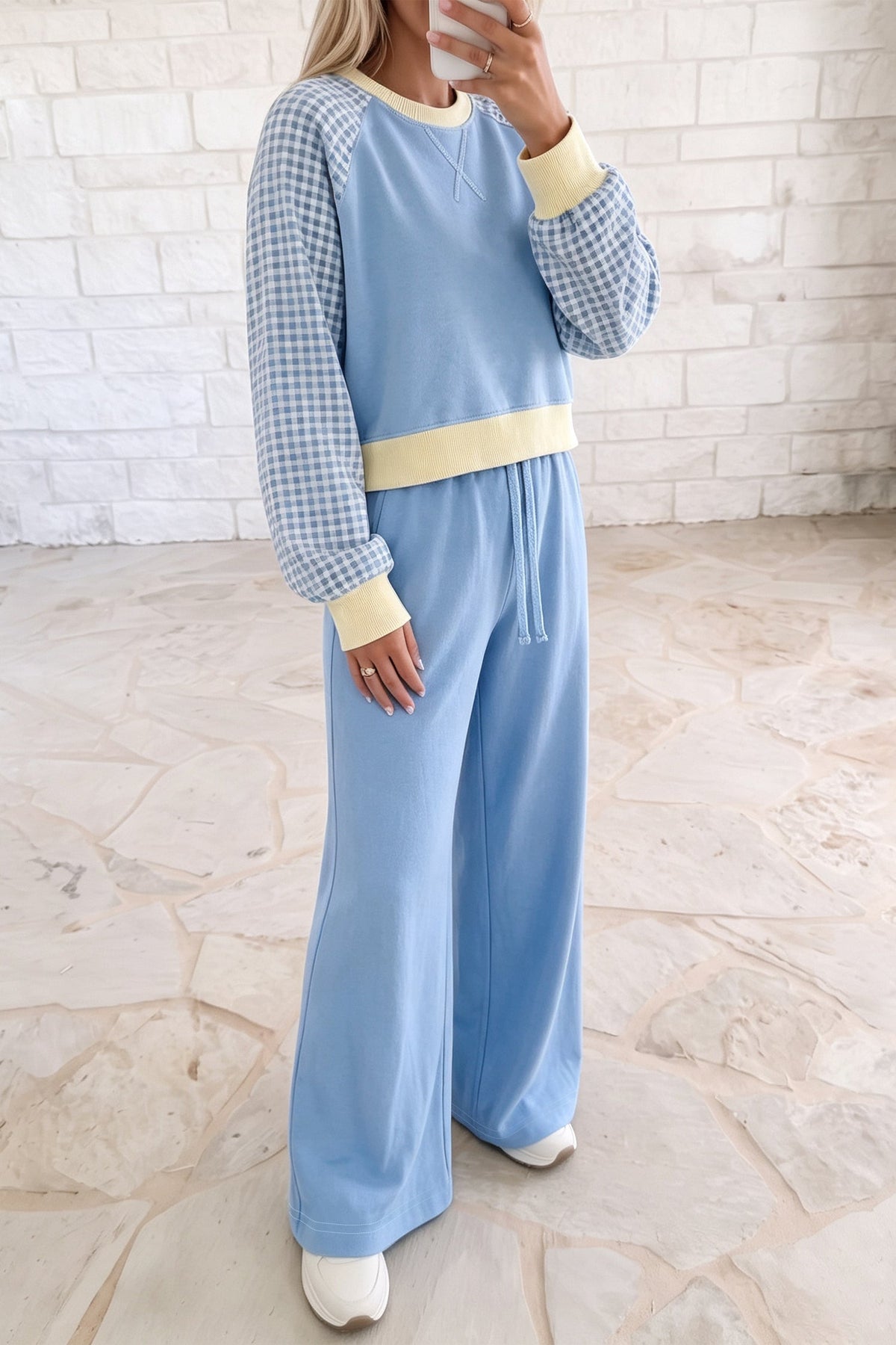 Light Blue Color Block Plaid Raglan Sleeve Patchwork Top Casual 2pcs Pants Set