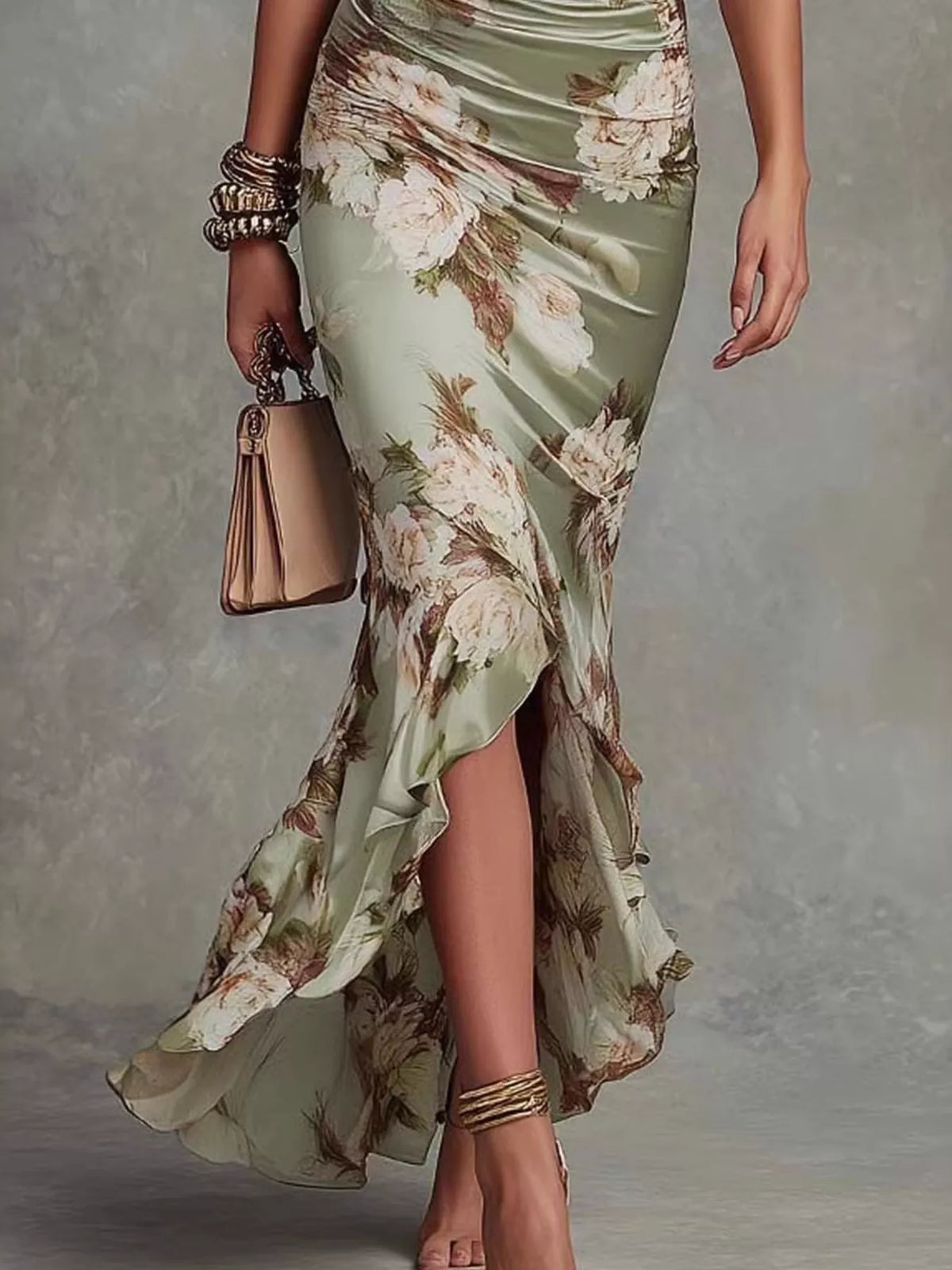 Floral Ruched High-Low Midi Dress