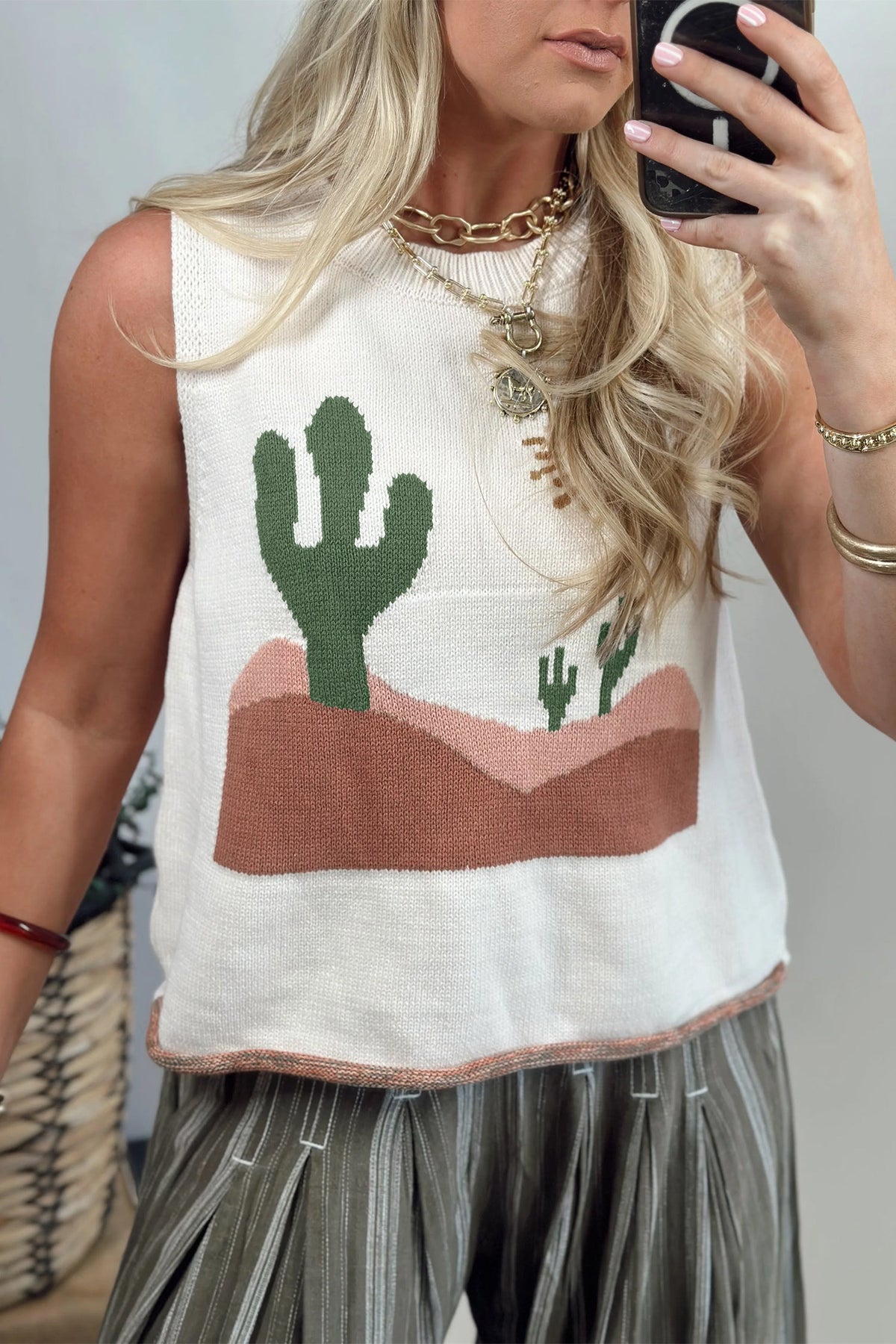 Multicolour Cactus Western Oasis Loose Sweater Vest