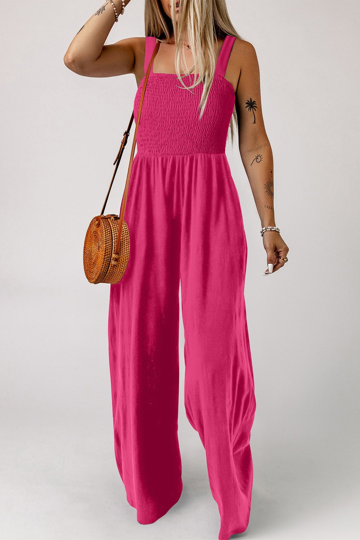 Rose Red Smocked Square Neck Sleeveless Jumpsuit with Pockets
