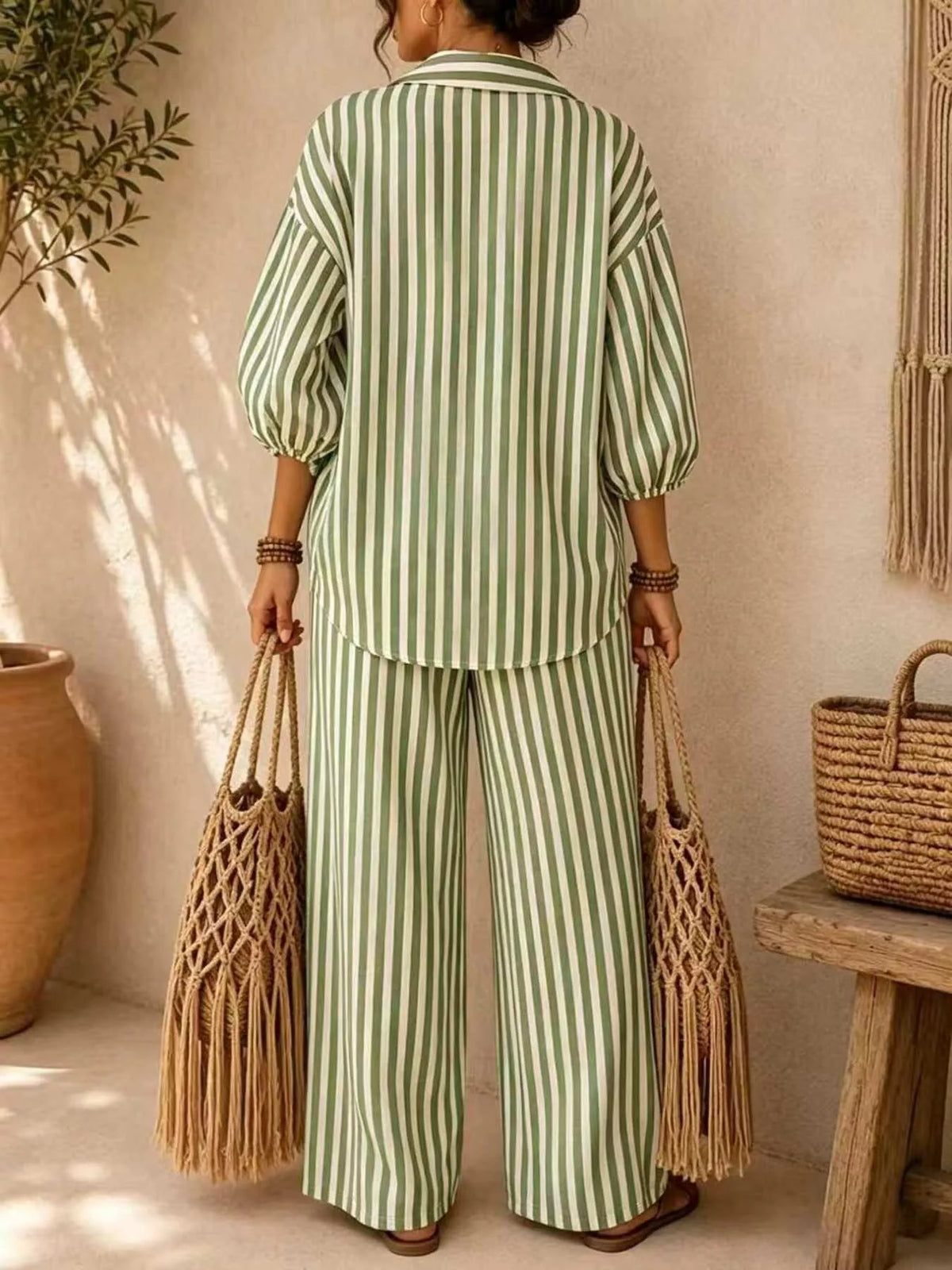 : Plus Size Striped Puff Sleeve Shirt & Wide-Leg Pants Set