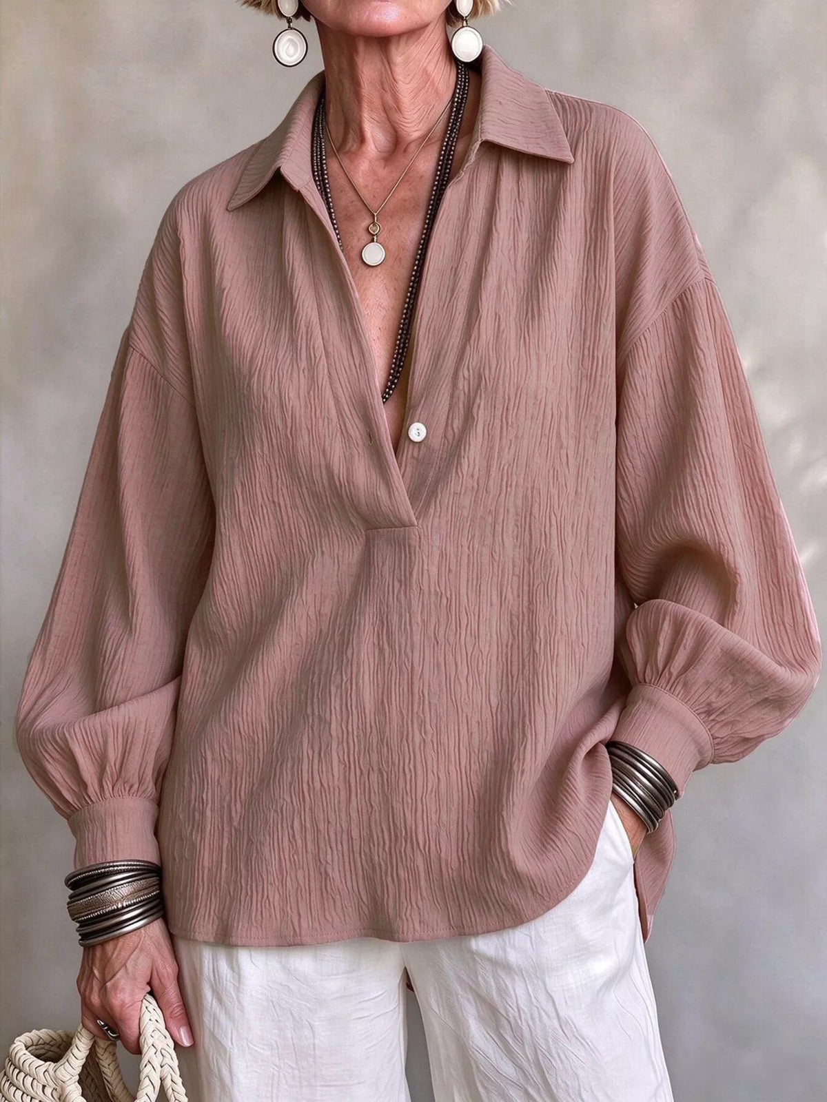 Full Size Textured Lantern Sleeves Blouse Plus Size