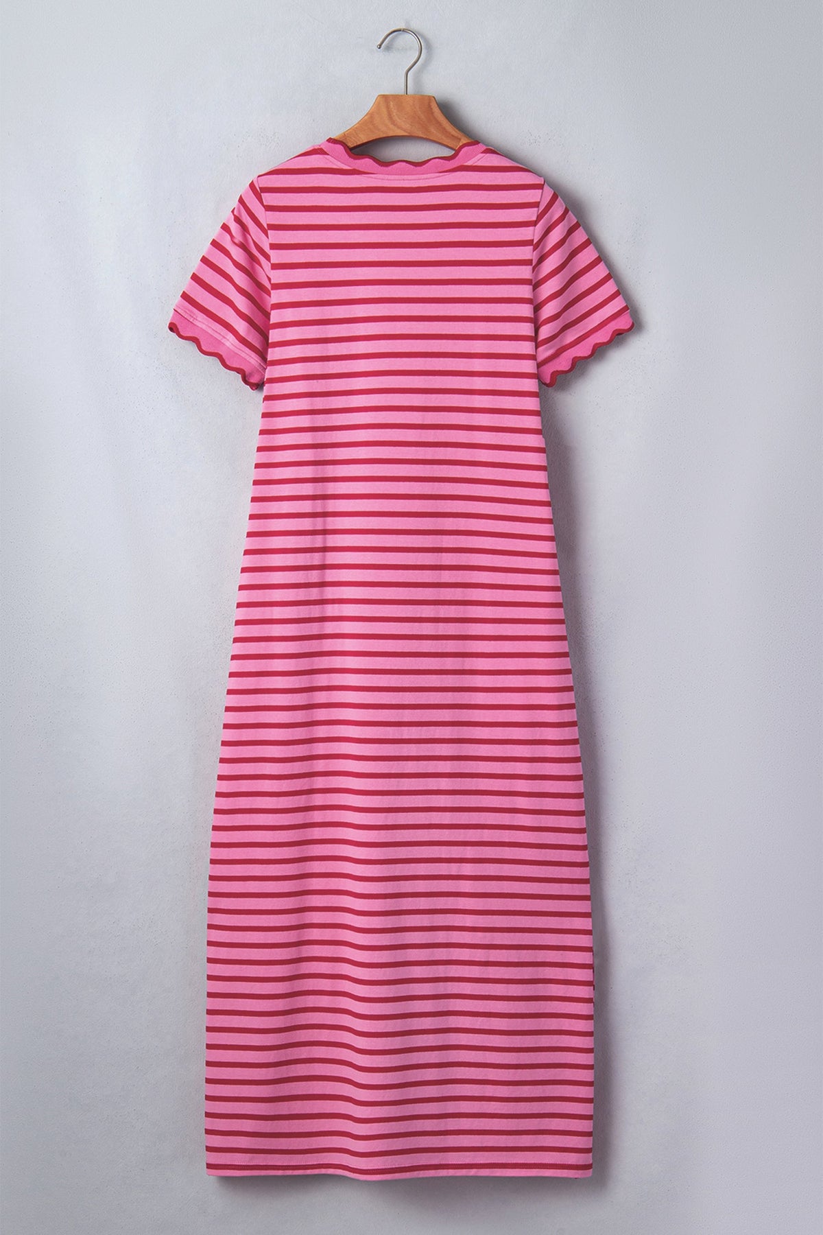 Rose Stripe Striped Short Sleeve Scalloped Trim Side Slit T-Shirt Dress