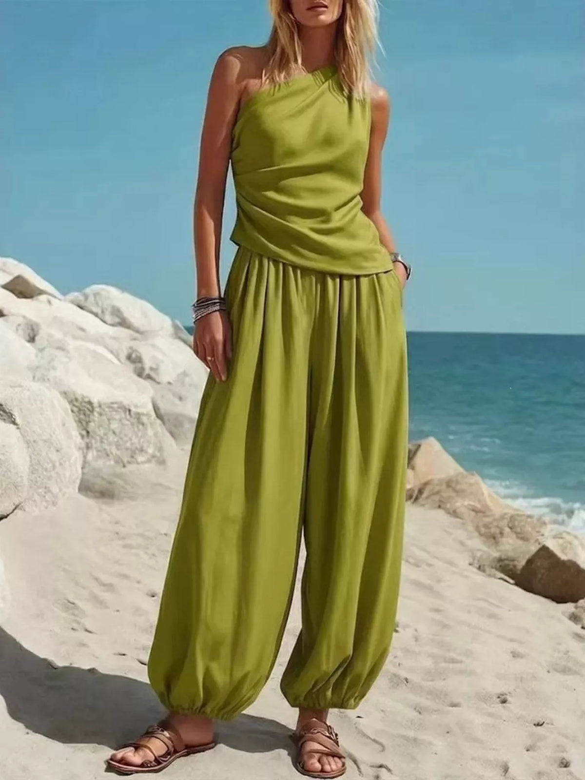 Full Size One-Shoulder Top and Wide-Leg Pants Set Plus Size