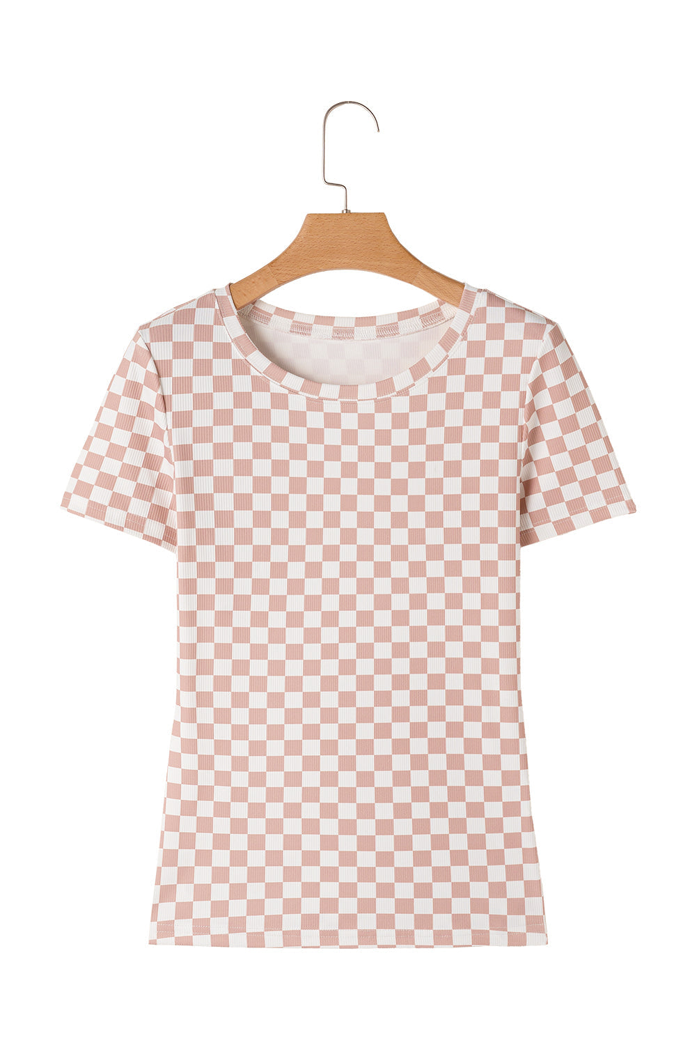 Pink Checkered Ribbed Slim Fit Crew Neck T Shirt