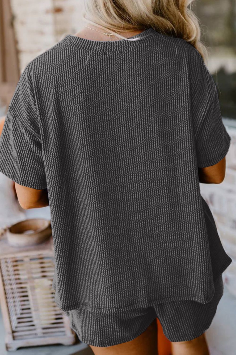 Textured Round Neck Top And Shorts Set