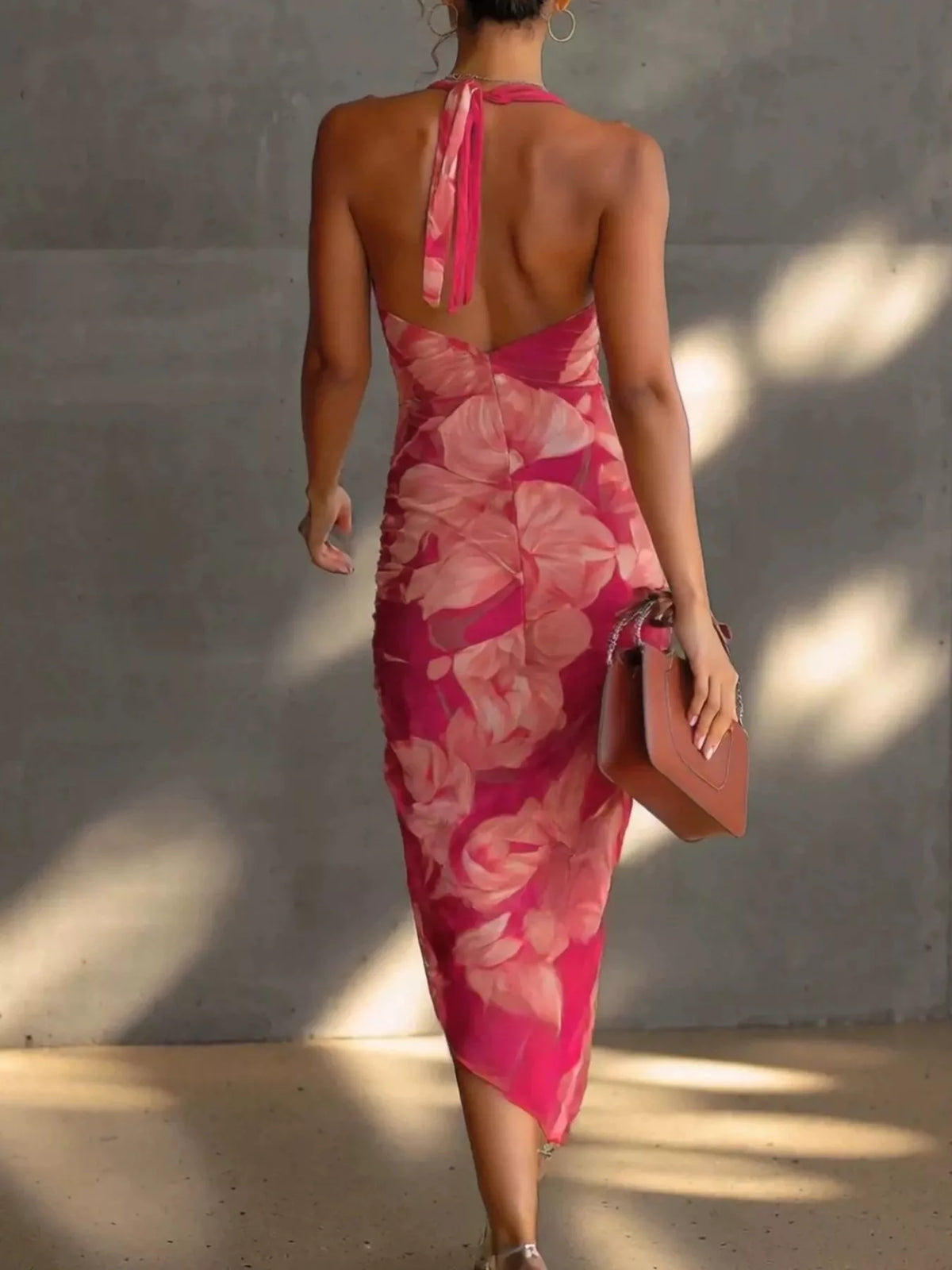 Helena's Floral Print Halter Neck Ruched Midi Dress