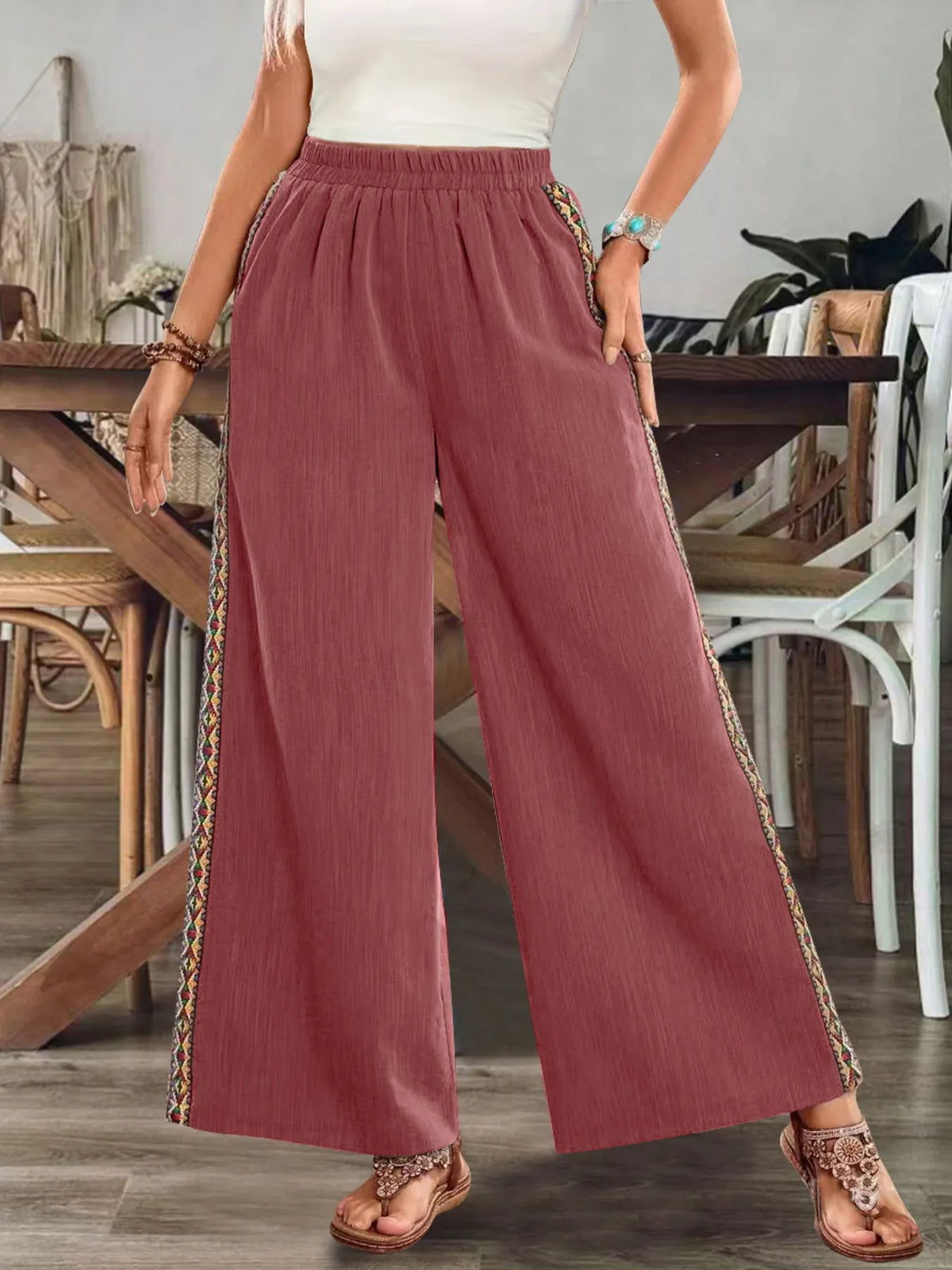 Bohemian Wide Leg Embroidered Side Stripe Pants Rust