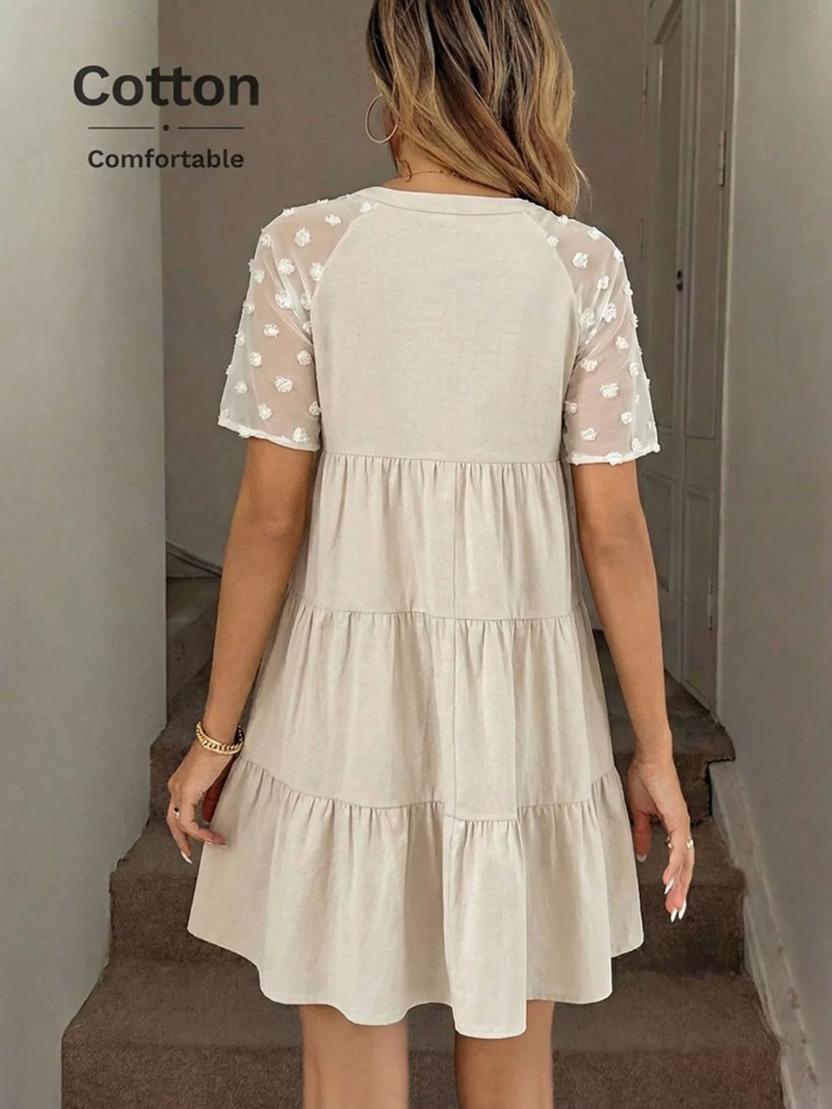 Casual Tiered Mini Dress with Swiss Dot Sleeves