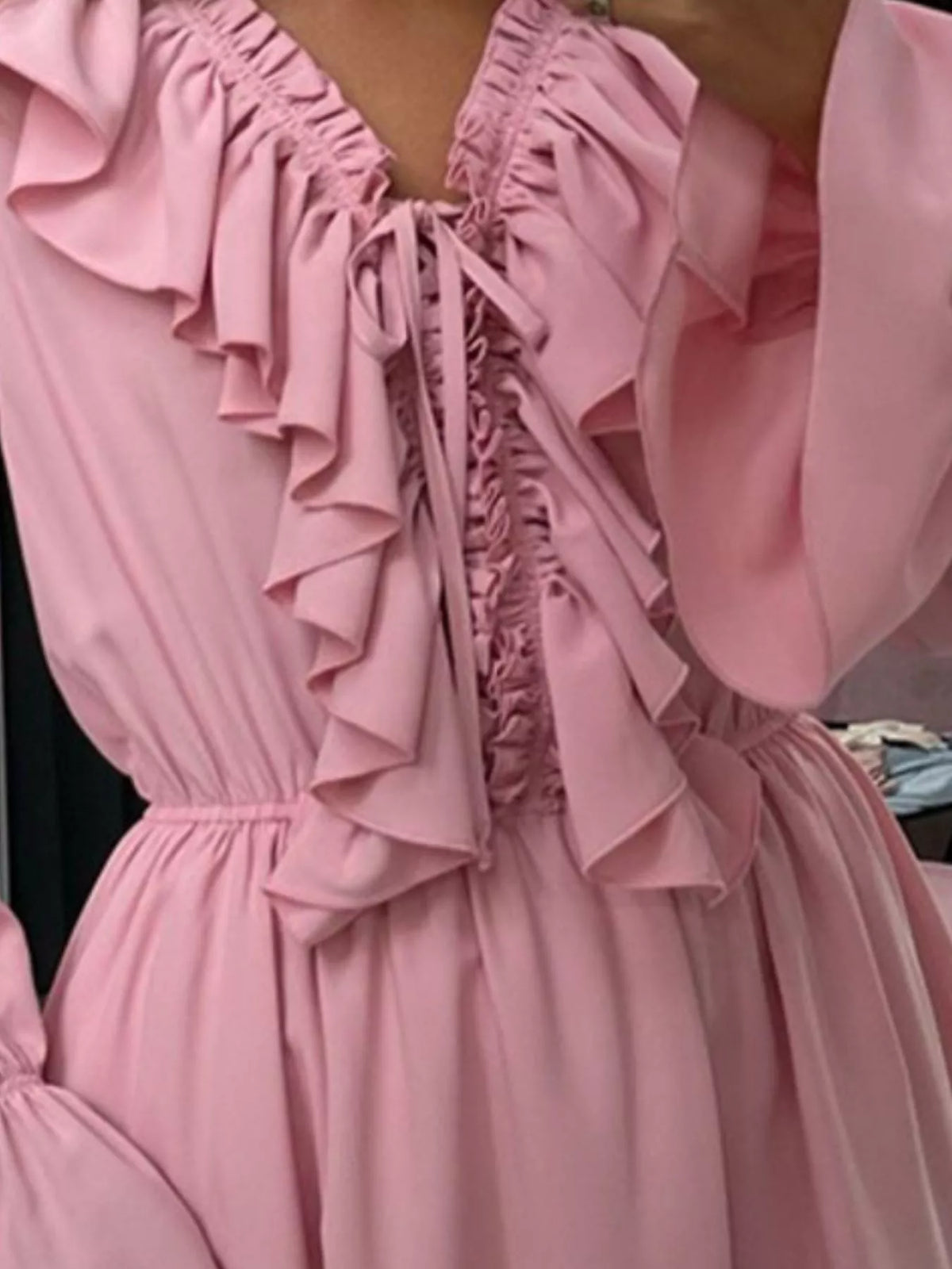 Ruffled V-Neck Long Sleeve Mini Dress