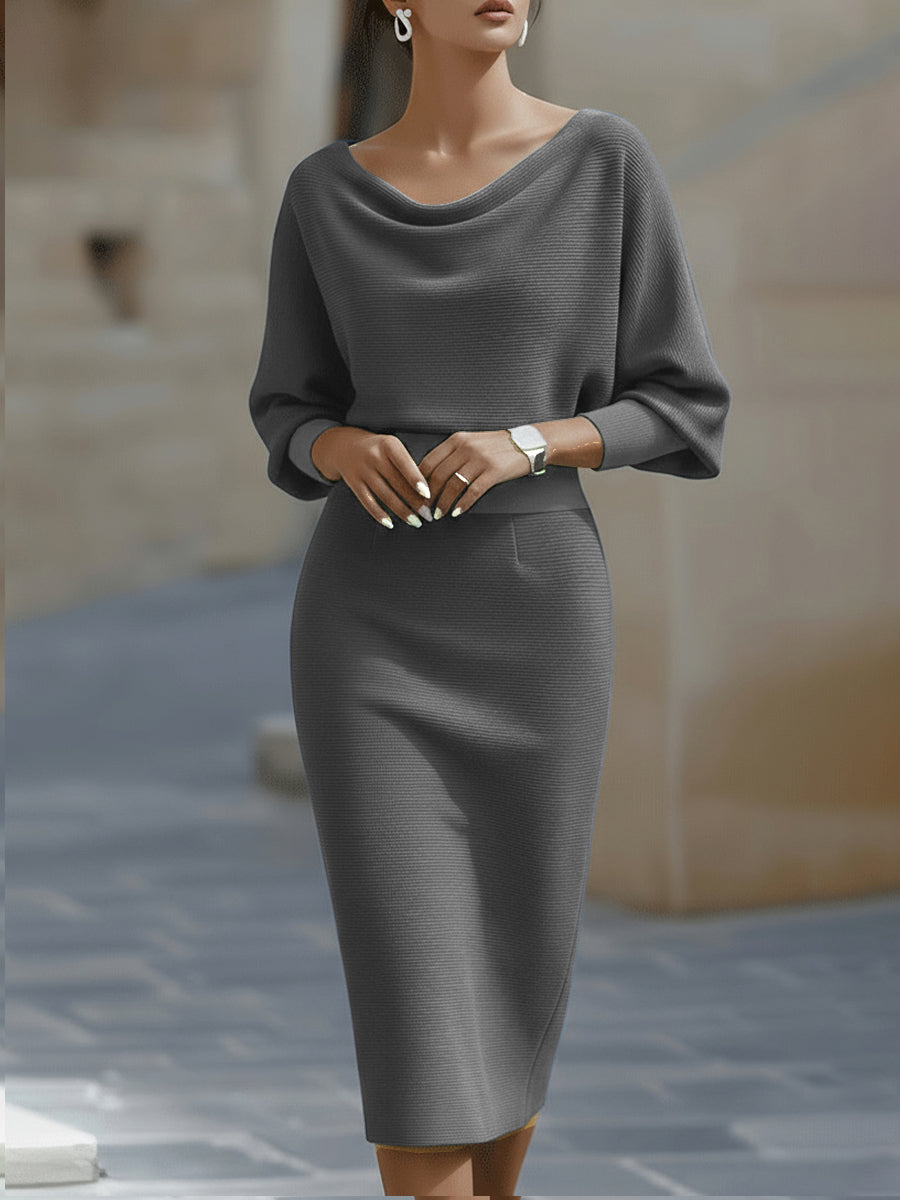 White Draped Batwing Midi Dress Grey