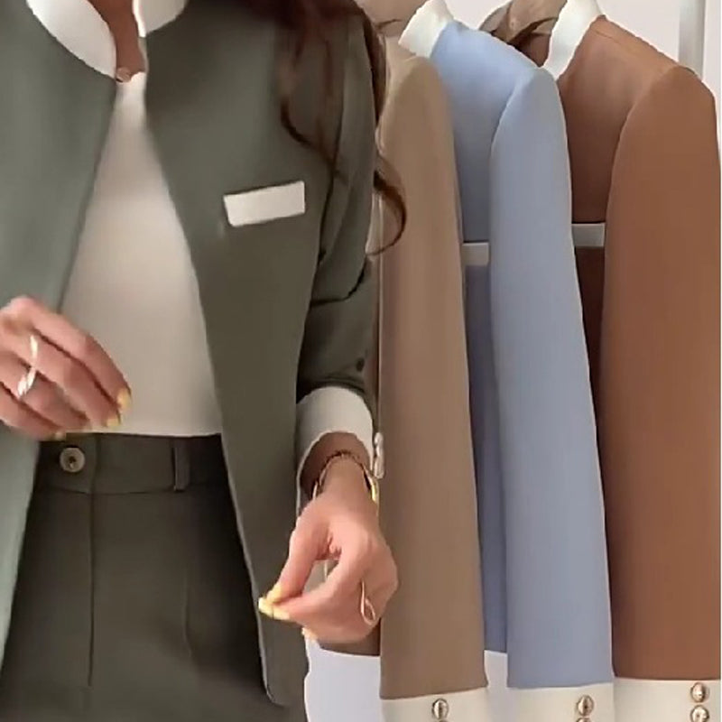 Elegant women's patchwork blazer with stand-up collar and trousers Blue