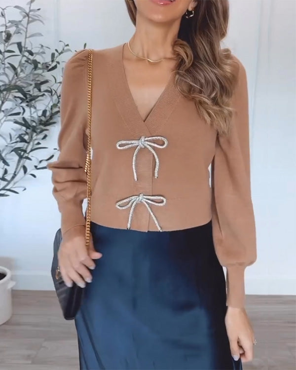 Clidress Fashion V-Neck Embellished Bow Cardigan